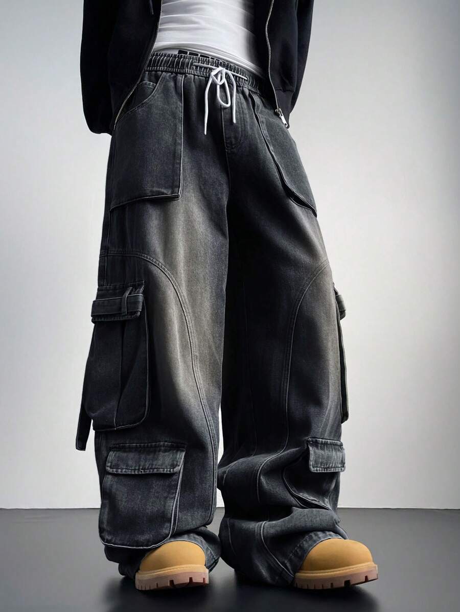 Manfinity EMRG Men's Light Blue Denim Cargo Wide Leg Pants - Black - View 1