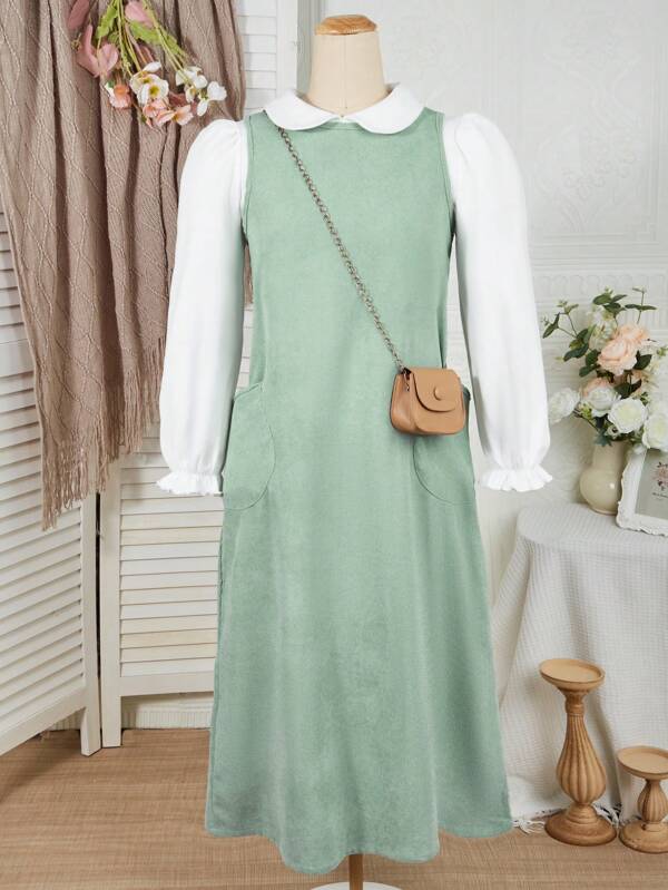 2pcs/Set Tween Girls Casual Long Sleeve Top And Dress Set