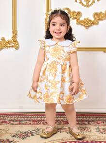 SHEIN Sukienka dla dziewczynki na lato z krótkim rękawem i falbaniastym kołnierzykiem w kwiatowy wzór - Biały - Zobacz 5