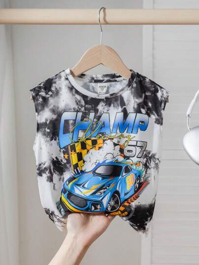 SHEIN Leap Crew 1 Piece Set Young Boys Boys Casual Sport Loose Street Style Graffiti Tie-Dye Racing Pattern Round Neck Top Kids Outfits Young Boy Clothes Back To School Boys Set Suitable For Birthday Parties, Parties, Performances, Weddings, Baptisms, Back-To-School Ceremonies Suitable For Daily Life Suitable For School Suitable For Travel Suitable For Sports Suitable For Spring And Summer