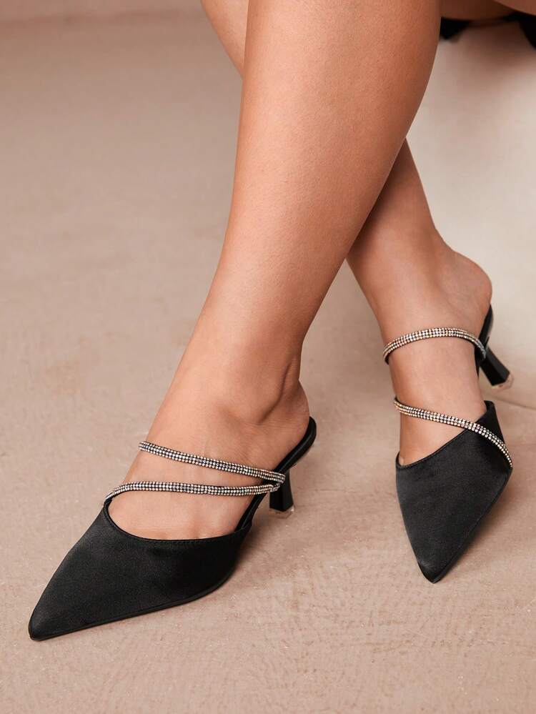 CUCCOO CURVES Plus Size Wide Fit High Heel Pointed Toe Elegant Black Satin Slip-On Rhinestone Embellished Sandals, Four Season Spring Shoes