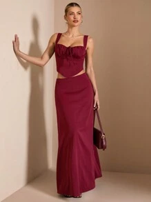 SHEIN BAE 2pcs Set Women's Burgundy Summer Elegant Party Outfit:Ruched Strap Back Tie Waist Camisole & Maxi A-Line Skirt,Suitable For Early Spring Vacation - Burgundy - View 1