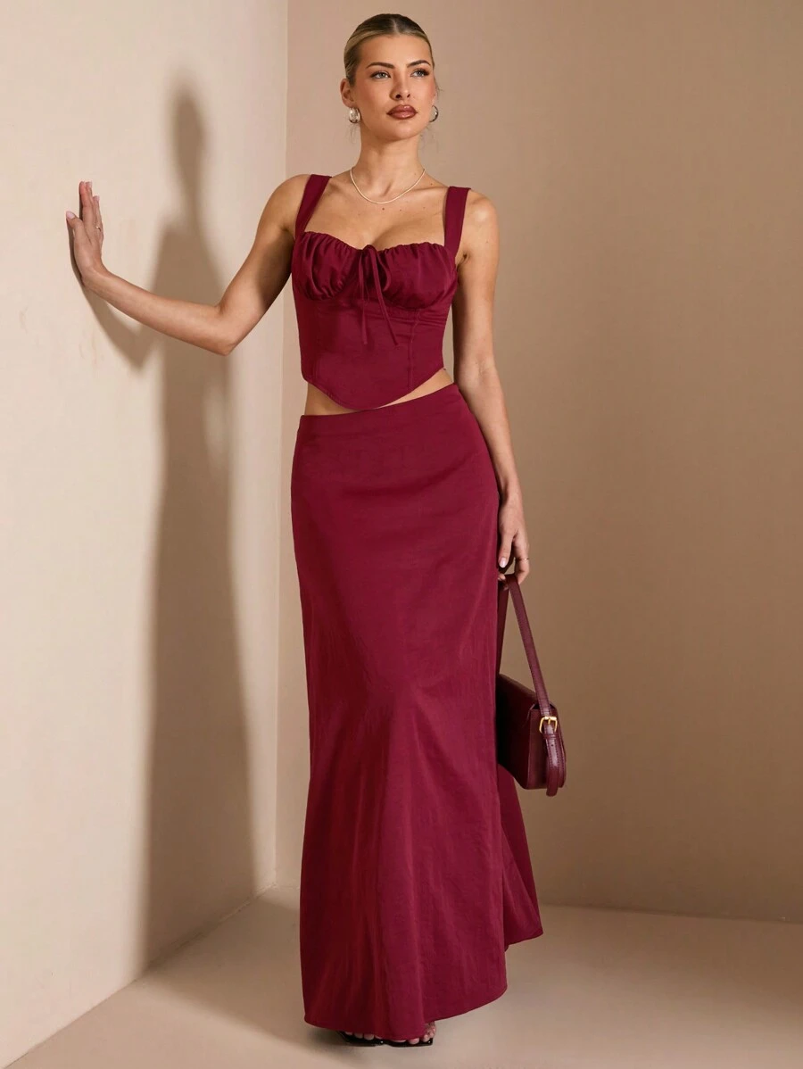 SHEIN BAE 2pcs Set Women's Burgundy Summer Elegant Party Outfit:Ruched Strap Back Tie Waist Camisole & Maxi A-Line Skirt,Suitable For Early Spring Vacation - Burgundy - View 1