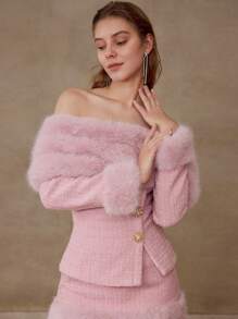 MOTF Soiréza 羊毛粗花呢撞色毛绒饰边夹克 - 粉色 - 查看 3