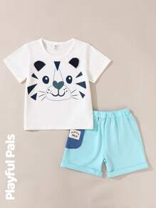 SHEIN 2pcs/Set Young Boy Cute Cat Print Round Neck Short Sleeve T-Shirt And Shorts Set, Suitable For Daily Wear - White - View 3