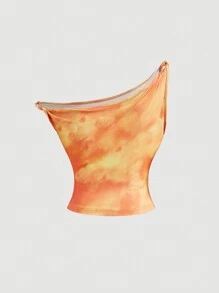 SHEIN MOD 女士浪漫花卉不对称肩部扭纹修身衬衫，海滩度假上衣，橙色 - 橘色 - 查看 2