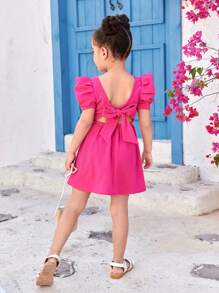 SHEIN Leap Crew Young Girl Daily Casual Solid Color Round Neck Short Sleeve Backless Dress - Hot Pink - View 5