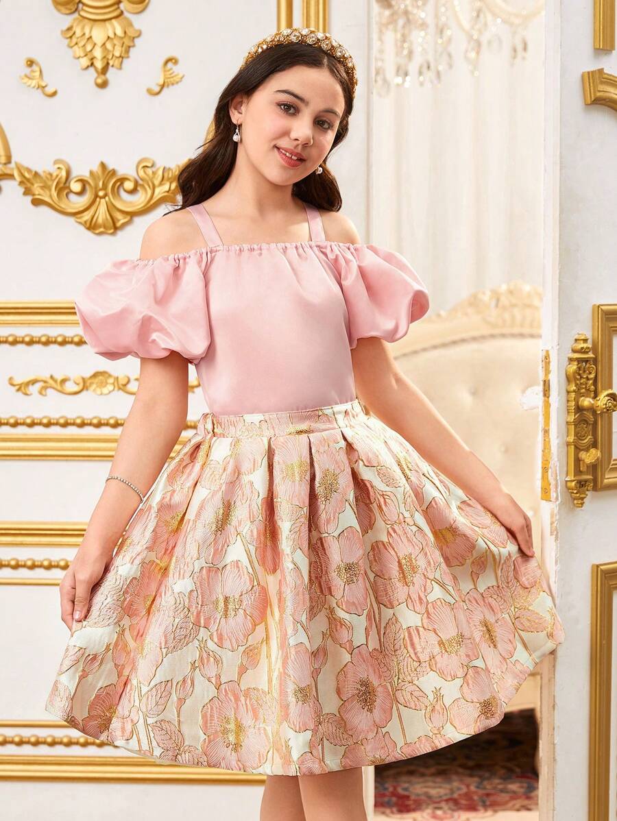 SHEIN Dziewczęcy minimalistyczny, modny, swobodny, odsłonięty top i spódnica, 2 częściowy zestaw - Czarne - Zobacz 1