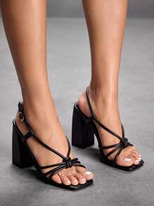 CUCCOO SZL 女士时尚黑色细带组合踝带方头粗高跟凉鞋，适合通勤、约会、派对、时尚