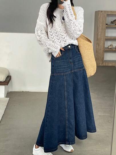 DAZY Chân váy denim nữ kiểu dáng thường ngày có túi, dáng chữ A, thích hợp cho mùa tựu trường.