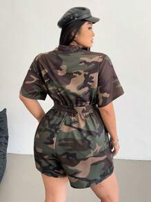 Flirla Plus Size Women Street-Style Casual Camo Print Jumpsuit