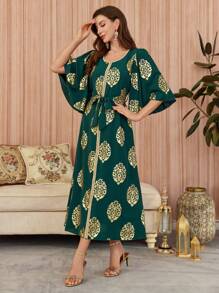 Al Najma Women's Solid Color Patchwork Print Casual Long Arabian Dress Kaftan Jalabiya Dress - Green - View 5