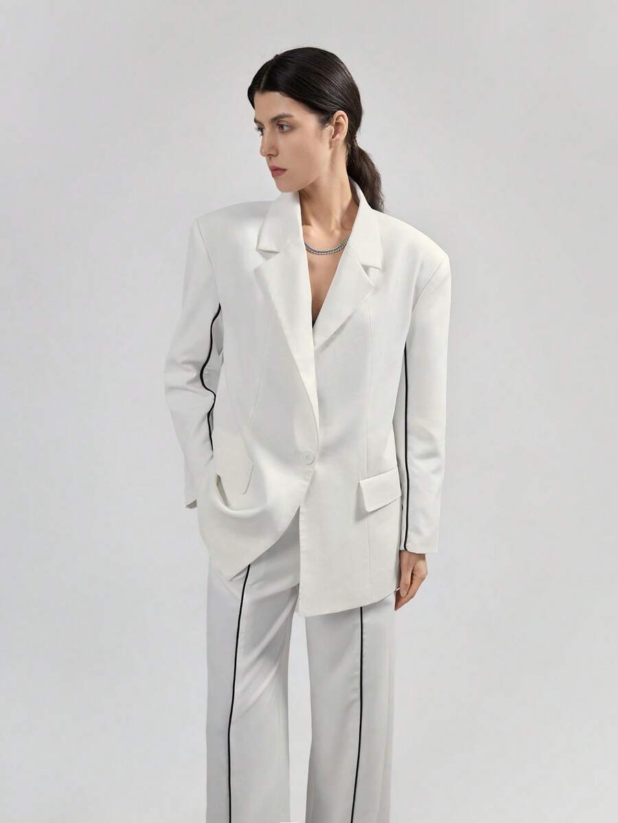 Áo khoác Blazer đen trắng thiết kế tương phản phong cách đô thị hiện đại dành cho nữ, trang phục thường ngày, mùa xuân - trắng - Xem 1