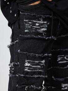 ROMWE MEN Grunge Punk 男士简约口袋毛边牛仔裤，休闲日常穿着 - 黑色 - 查看 2