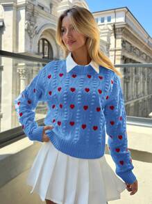 EURMUSE Women Heart Embroidery Textured Knit Round Neck Sweater - Blue - View 4
