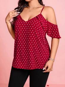 SHEIN Clasi Plus Size Women Heart Print Open Shoulder Fashion Blouse For Summer - Red - View 4