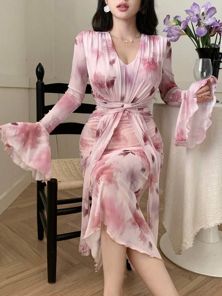 V-Neck Floral Print Puff Sleeve Tie Front Mid-Calf Dress For Women,Ruffle,Fall Dress Long Sleeve Dress Easter