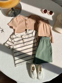 SHEIN 4pcs Baby Boys/Girls Casual Striped Short Sleeve T-Shirt And Elastic Waist Cargo Shorts Set, Suitable For Spring/Summer Wear, Casual Or Outings