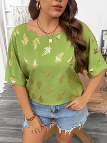 Flirla Damen Große Größen Boho Elegant Urlaub Rundhals Metall Muster Fledermausärmel Loose Sommer Shirt