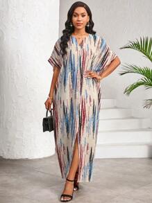 SHEIN Lady Elegant Casual Work Party Striped Print V Neck Slit Butterfly Sleeve Women Dresses Long Dress For Summer Maxi Boho Resort - Multicolor - View 6