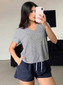 DAZY Women's Casual Simple V-Neck T-Shirt Top Combo Shorts Pajama Set - Grey - View 5