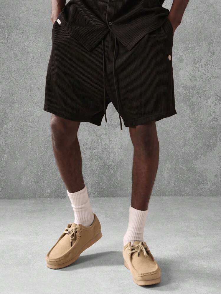 Plisse Textured Drop Crotch Drawstring Shorts