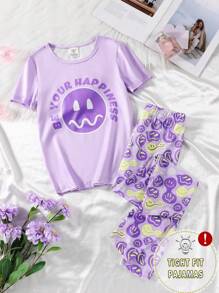 2pcs Tween Girls Casual Smile Face Pattern Short Sleeve Top And Pants Pajama Set, Comfortable - Purple - View 1
