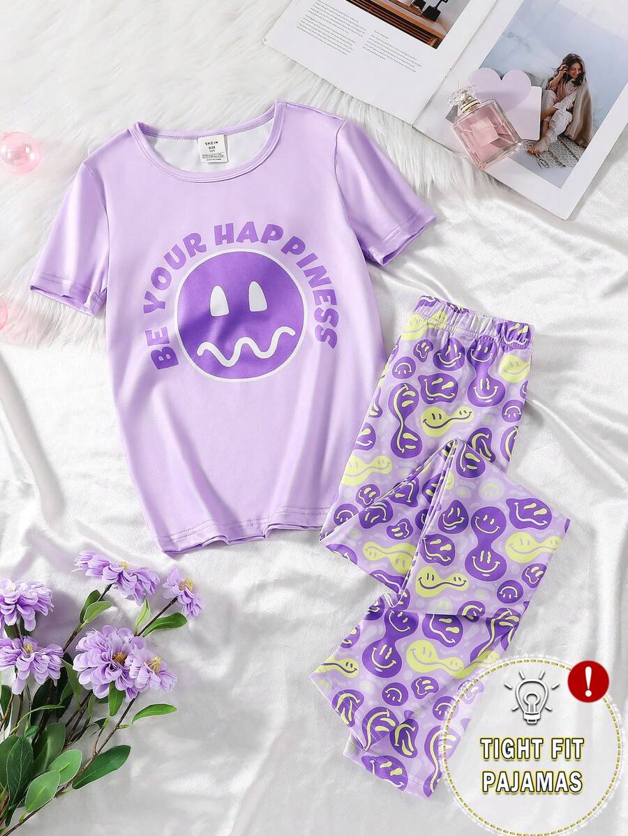 2pcs Tween Girls Casual Smile Face Pattern Short Sleeve Top And Pants Pajama Set, Comfortable - Purple - View 1