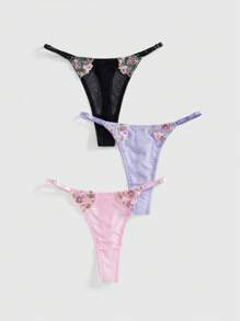 ROMWE Fairycore Set de 3 tangas para mujer con insertos de malla y bordado floral romántico