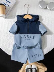 2 件套男婴字母印花撞色连帽夹克和短裤套装，适合春夏季室内外穿着 - 藍色 - 查看 9