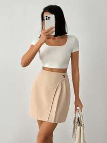 SHEIN PETITE Women's Button Detailed Pleated Skirt - Apricot - View 6