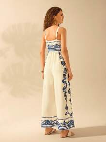 CAJUNI Women's Vintage Vacation Casual Boho Blue Floral Print Strap Wide Leg Jumpsuit