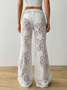 SHEIN EZwear Quần ống đứng buộc eo ren hoa cho nữ - trắng - Xem 2