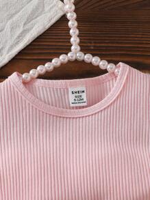 2 件装女宝宝韩版夏季休闲粉色罗纹上衣和米色泡泡裙套装 - 彩色 - 查看 6