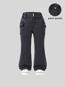 SHEIN Jeans entallados de mezclilla negra lavada con múltiples bolsillos y cintura elástica para niña en estilo casual
