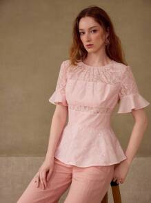 MOTF PREMIUM Top PEPLUM EN DENTELLE CONTRASTANTE - Rose bonbon - Voir 3