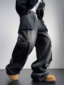 Manfinity EMRG Men's Light Blue Denim Cargo Wide Leg Pants - Black - View 6