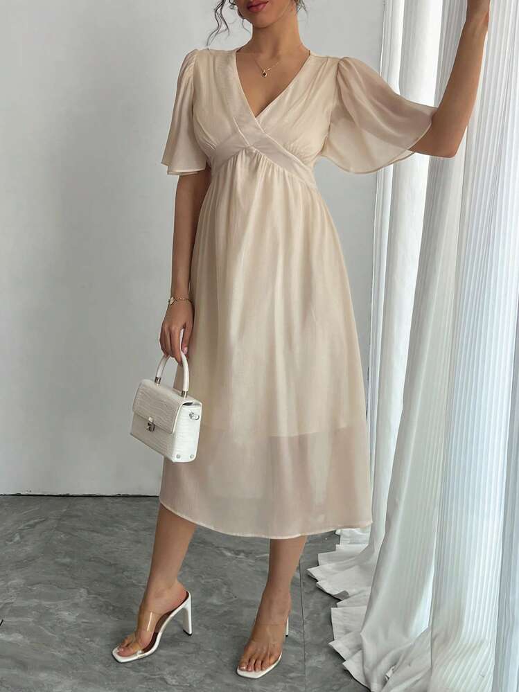 DAZY Women Deep V-Neck Patchwork Waist Solid Chiffon Dress, Suitable For Dates & Night Wear Prom Dress Maxi Dress - Apricot - View 3