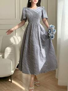 DAZY 女士优雅荷叶边袖 A 字中长连衣裙太阳裙，婚礼礼服 - 藍色 - 查看 10