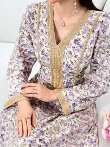 Al Najma 女式花卉印花拼接简约长袖休闲阿拉伯连衣裙，端庄 - 彩色 - 查看 1