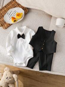 SHEIN 3件套新生儿男/女宝宝可爱秋季绅士套装，包括背心、纯色长袖衬衫、连体衣和裤子，适合生日派对、庆典、婚礼、洗礼、庆祝活动等场合。 - 黑色 - 查看 10