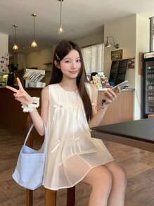 DAZY 女士甜美蝴蝶欧根纱拼布背心，可爱青春，无袖夏季娃娃装上衣 - 杏色 - 查看 7