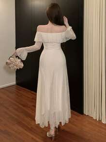 DAZY Elegante vestido largo de mujer con hombros descubiertos, manga larga, encaje y parches, vestido maxi con volantes - Blanco - Ver 5