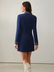 Anewsta Black High-End Brand Handmade Rhinestone Embellished Short Long Sleeve Dress, Autumn/Winter - Navy Blue - View 2