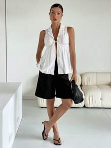 SHEIN Essnce 女士纯色系带前无袖褶皱休闲衬衫 - 白色 - 查看 7