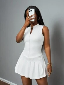 Slaydiva 新款春夏休闲基础运动风简约小立领前中拉链无袖短上衣+百褶裙迷你裙白色针织女两件套 - 白色 - 查看 8