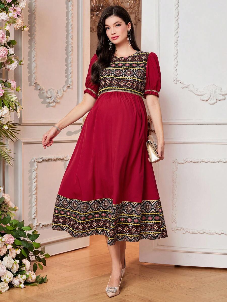 SHEIN Maternity Geometric Print Puff Sleeve Patchwork Dress - Red - View 1