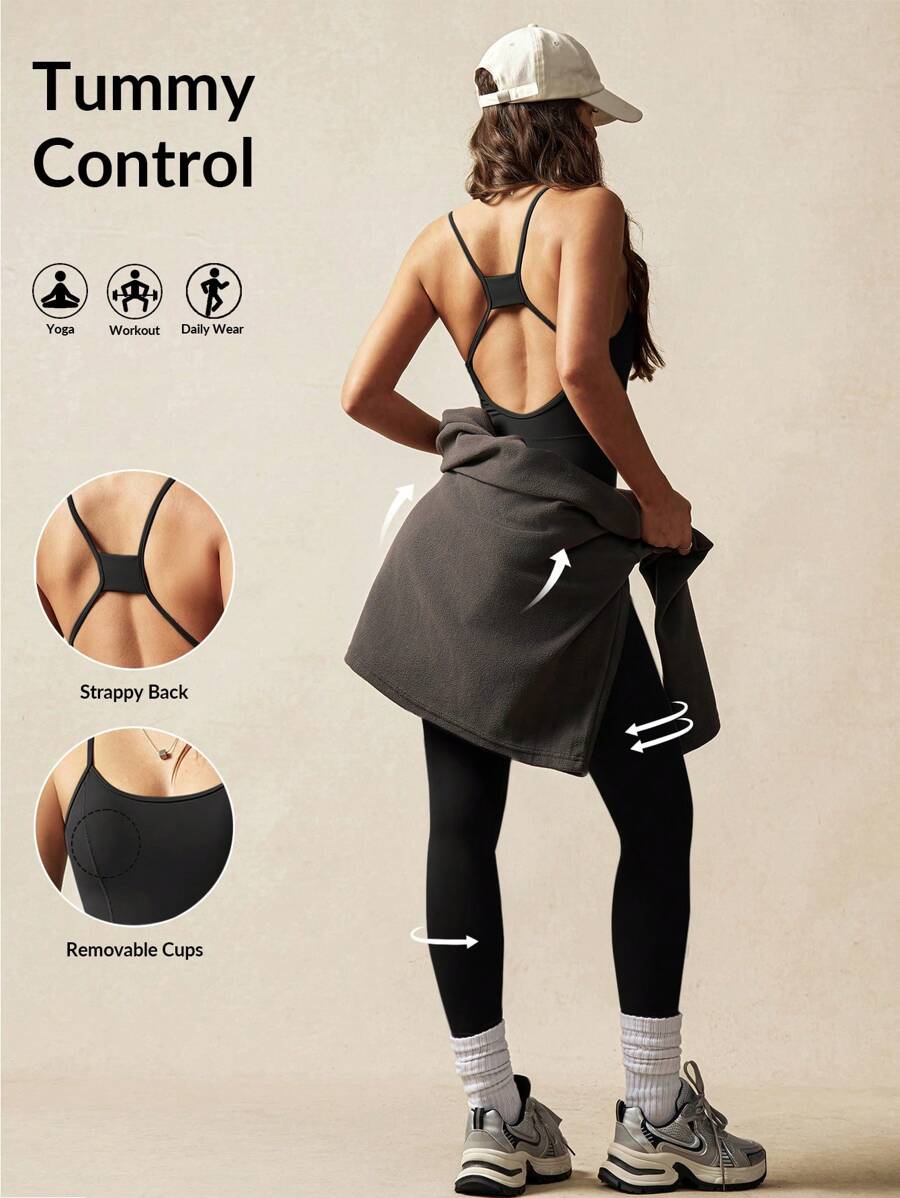 VARSITIE 紧致美背瑜伽女式运动连体衣 - 黑色 - 查看 1