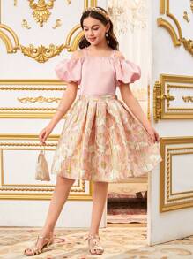 SHEIN Dziewczęcy minimalistyczny, modny, swobodny, odsłonięty top i spódnica, 2 częściowy zestaw - Czarne - Zobacz 3