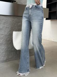 DAZY Women's Lace Patchwork Flared Jeans - Medium Wash - View 3